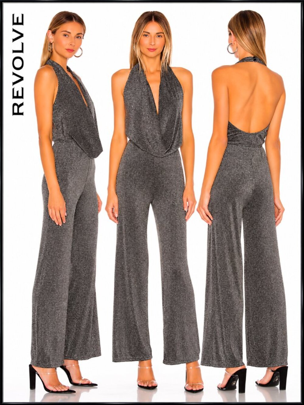 🪩💋🕺RETRO GLAM!🪩💋 STUDIO 54 VIBE REVOLVE Draped Jumpsuit in Metallic Silver